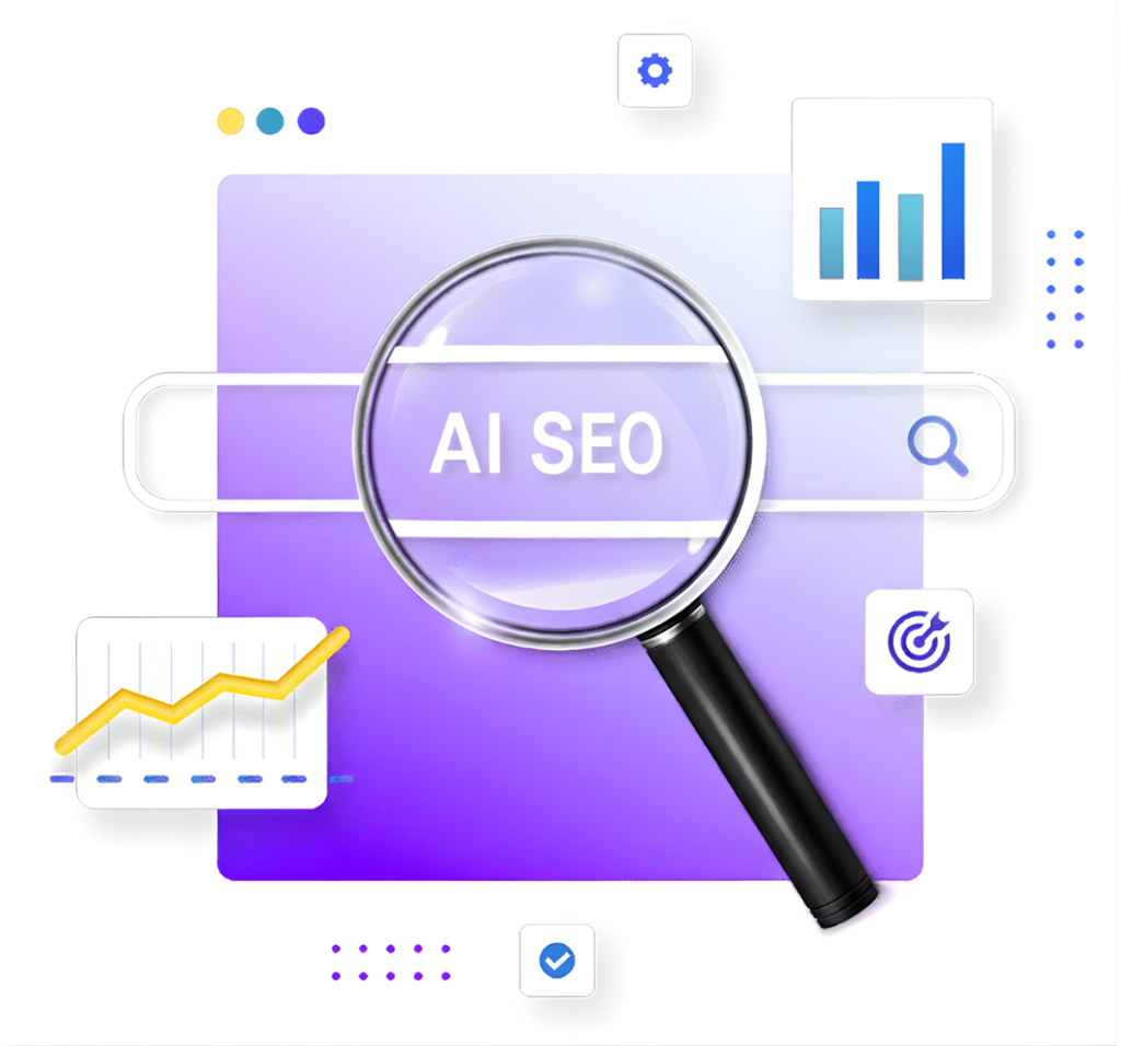 AI SEO analysis concept showing magnifying glass over search bar with ranking growth charts